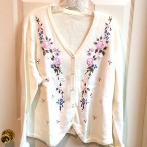 VTG Cream & Pink Floral Embroidered Cardigan
